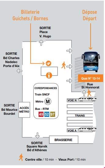 Below, you can see a detailed map of both the shuttle stop at the airport and at the Marseille Saint Charles station.