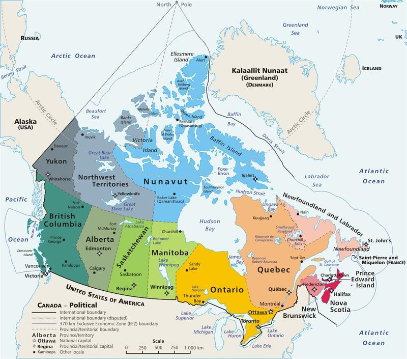 проблема Канаде - граничне територијалне спорове. На југу Канада има 8.892 km дугу границу са САД. Слика бр. 1 Политичка мапа Канаде Извор: www.atlas.nrcan.gc.cа 3.