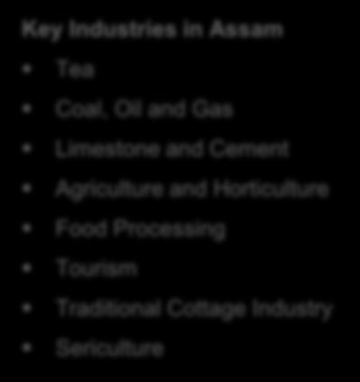 KEY INDUSTRIES Assam accounts for a share of over 55% in the country s overall tea production. Assam has huge reserves of crude petroleum, natural gas, coal, limestone & minor minerals.