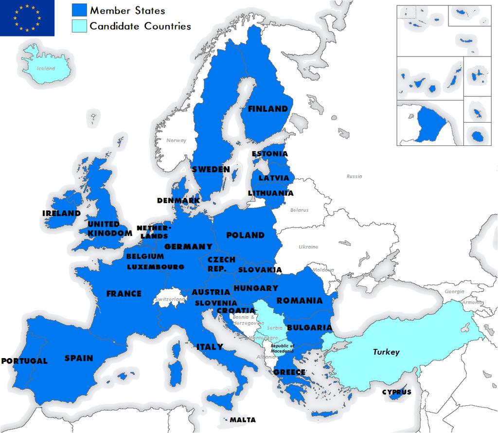 итд. Уз ове, постоји још много других привилегија које се грубо могу сврстати у политичка, привредна и финансијска преимућства ЕУ. Слика 6. Карта региона ЕУ Извор: http://de.wikiversity.