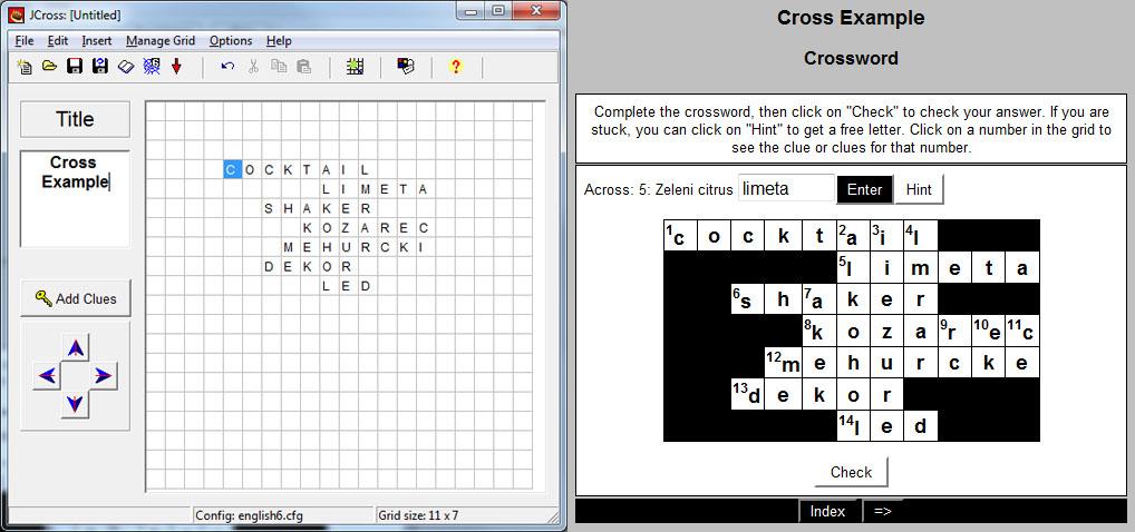 7 Slika 4: Uporabniški vmesnik za izdelavo naloge, kjer odgovore vpisuješ v križanko (levo) in končni rezultat v brskalniku (desno). povezovanje besed v pravilne besedne zveze (JMatch).