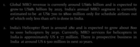 MRO & Skill Development 1. Global MRO revenue is currently around US$61 billion and is expected to grow to US$81 billion by 2025.