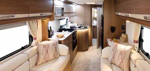 largest of lounges. At night, use the sumptuous bench seating as two single beds or convert into a large double. The Encore 275 boasts the largest of bathrooms and a beautiful L-shape kitchen.