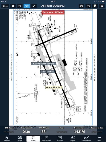 FBOs on Airport Diagrams When viewing an Airport Diagram (either FAA or ForeFlight) tap the FBO button at the top of the Plates menu to show/hide the