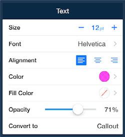 To edit a previously drawn text box, tap it, then choose the Inspector menu, then tap the attribute you want to