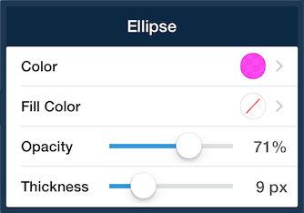 Ellipse (Circle) The Ellipse tool allows you to choose the line and Fill Color, ellipse Opacity and line Thickness.