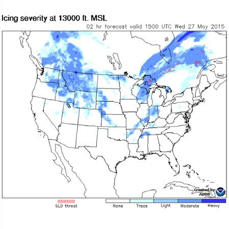 2, 3 and 6 HR Icing Severity Forecast - The Forecast Icing Product (FIP) uses the Rapid Refresh model forecast to describe a three-dimensional forecast of the icing environment using icing