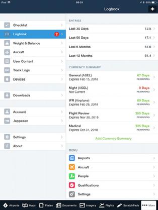 Logbook The Logbook feature lets you track your hours, currency, ratings, endorsements, medical certificates, and more across all your devices.