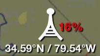 The Lat/Long location of each tower is shown under the tower icon, and the signal quality (0-100%)