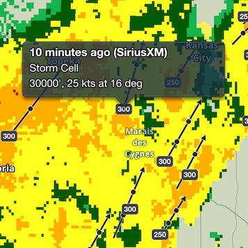 Storm cell attributes show the height of the cell in 100 s of feet. Tap the marker to view details about the speed and direction of travel.
