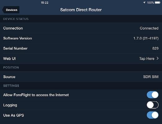 There are three settings that can be adjusted at the bottom of the SDR status page: Allow ForeFlight to access the Internet - turn this OFF to prevent ForeFlight from using internet data from the
