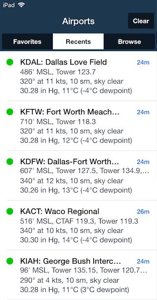 Recent Airports List Tap the Recents tab to display a list of airports you ve viewed in reversechronological order.