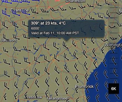 Tap a winds barb to see the forecasted wind speed, direction and temperature at that altitude, and the Valid