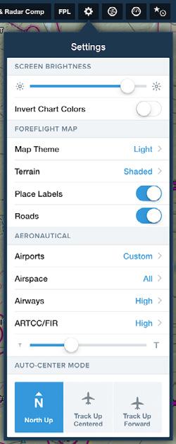 Maps Settings Tap the Maps Settings button bar to show the following Map settings: next to the FPL button in the dark blue tool Screen Brightness The brightness slider integrates with the ipad s