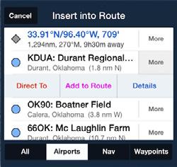 The Info filter shows airport information like runways, frequencies, approaches, etc.