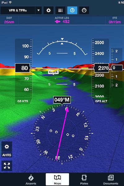 Attitude Indicator / Synthetic Vision (ipad only) Tap the Attitude Indicator/Synthetic Vision (SV) button at the top of the Maps page to view the Attitude Indicator display showing GPS altitude