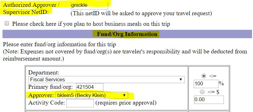 3. Next, complete the Fund/Org Information. Select a department from the dropdown menu and enter the primary fund/org for the travel expenses.