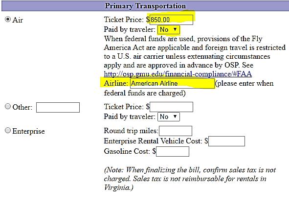 6. Enter information related to Primary Transportation charges and select continue. Primary transportation is the mode of transit taken to the destination.