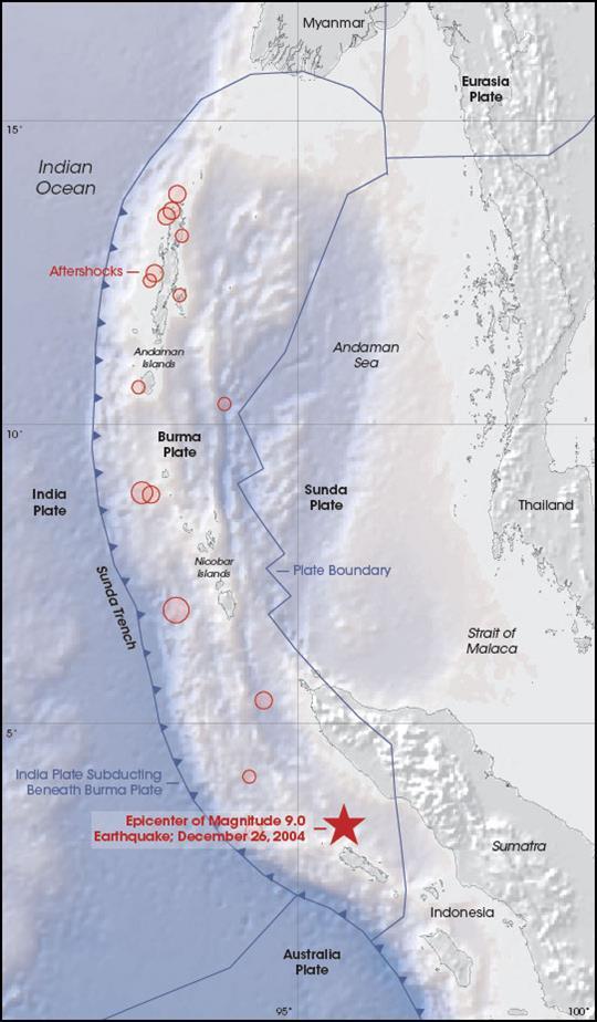 Obilježja potresa Datum 26.12.2004. Epicentar: 250 km od obale Sumatre Dubina: 30 km Mjesto nastanka: Sundra Trench (Indijska ploča subducira pod Sunda ploču) Magnituda: 9.1 9.