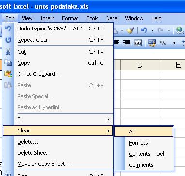 Brisanje oblika, sadržaja i/ili komentara ćelije U programu Excel svakoj se ćeliji mogu pridružiti 3 dijela: sadržaj (Content), oblik (Format) i komentar (Comment).