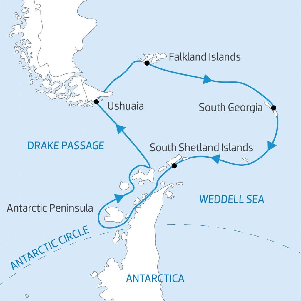 Continuing east, you reach the remote sub-antarctic island of South Georgia, with its impressive glaciers, rich
