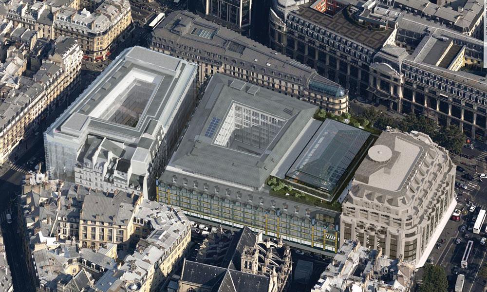 An aerial view of La Samaritaine marked by (far left to right) the