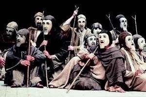 Masked Chorus of Old Men of Argos in the opening scene of Agamemnon, the Peter Hall/Tony Harrison production, National Theatre,