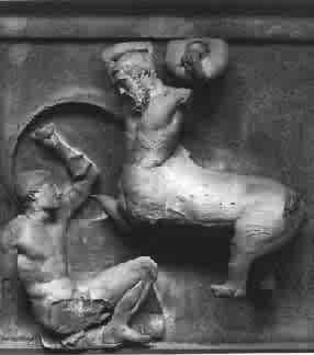 South Metope IV, A Centaur about to strike a fallen Lapith. In the West, the art of the Roman Empire was largely derived from Greek models.
