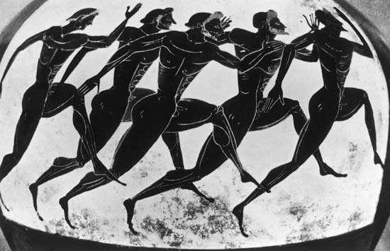 The first Olympic Games were held in 776 B.C. to honor Zeus. Many sports originated as fitness training for war: running, chariot racing, long jump, javelin, discus, and fighting.