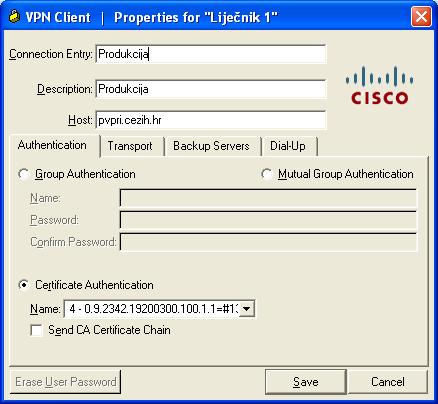 Promjena IP adrese konekcije Ukoliko je potrebno promijeniti IP adresu konekcije VPN klijenta potrebno je otvoriti formu VPN klijent aplikacije s predefiniranim unosom za vezu prema VPN sustavu,