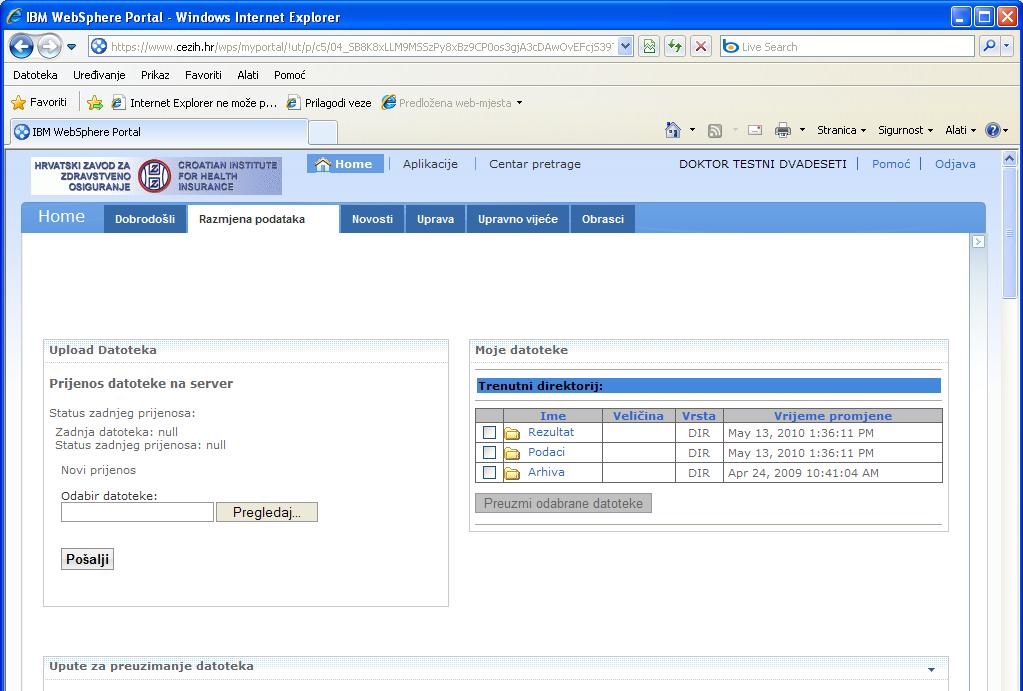 Razmjena podataka Stranica Razmjena podataka (Slika 1) namjenjena je razmjeni podataka sa sustavom Zavoda, odnosno slanju datoteka na Portal Zavoda, te pregledu i