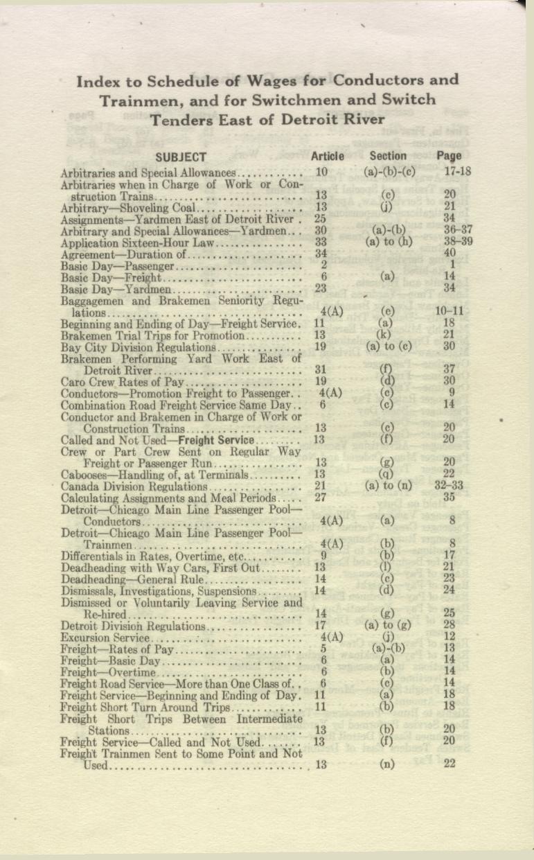 Index to Schedule of Wages for Conductors and Trainmen, and for Switchmen and Switch Tenders East of Detroit River SUBJECT Arbitraries and Special Allowances Arbitraries when in Charge of Work or