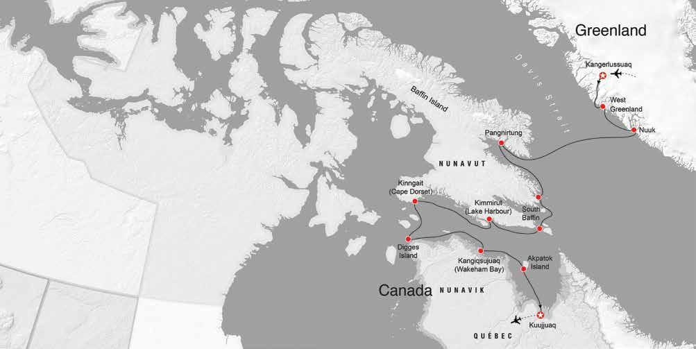 PROPOSED ITINERARY Day 1: Kangerlussuaq, Greenland Day 2: West Greenland Day 3: Nuuk Day 4: At Sea Davis Strait Day 5: Pangnirtung Day 6 7: South Baffin Day 8: Kimmirut (Lake Harbour) Day 9: Kinngait