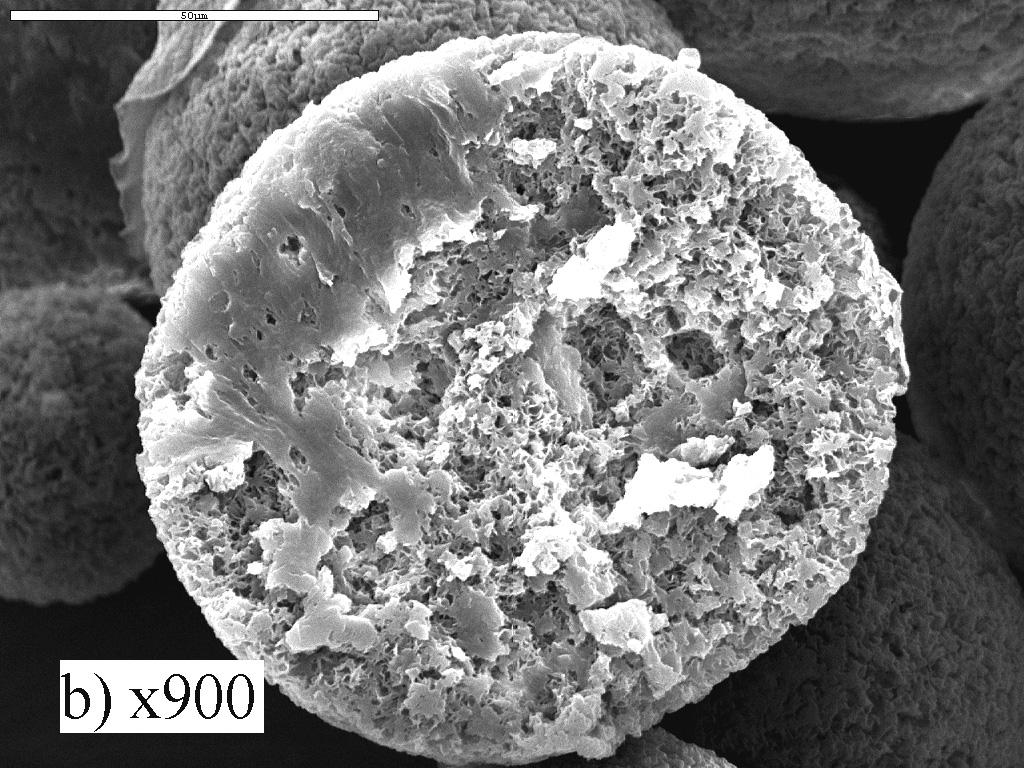 SEM photographs of porous microcapsules with hexane prepared with the good solvent/non-solvent ratio 8/2; (a) exterior of microspheres; (b) interior morphology.