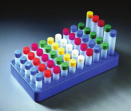 Perfector Cryo-Store Low Temperature Vials Cryo-Store Rack * Hold up to 50 Cryo-Store Vials * Grips Vials at bottom so caps may be twisted on and off easily with one hand * One rack fits all sizes of