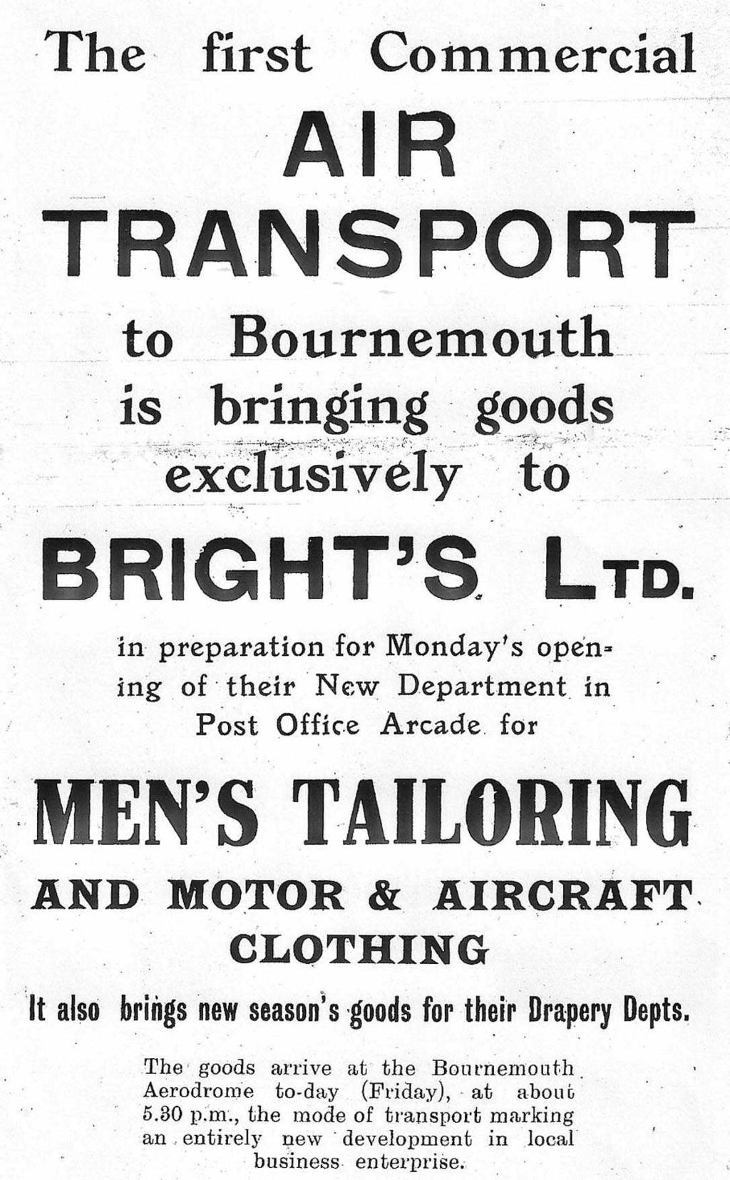 Further advertisements appeared heralding "Joy Rides in Handley-Page Bombers" and Whitsun Flying in Bournemouth" and on 18th July