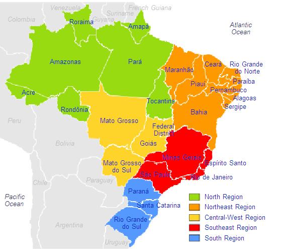 Brazil Territorial Division Divided in 5 different regions (by the Brazilian Institute of Geography and