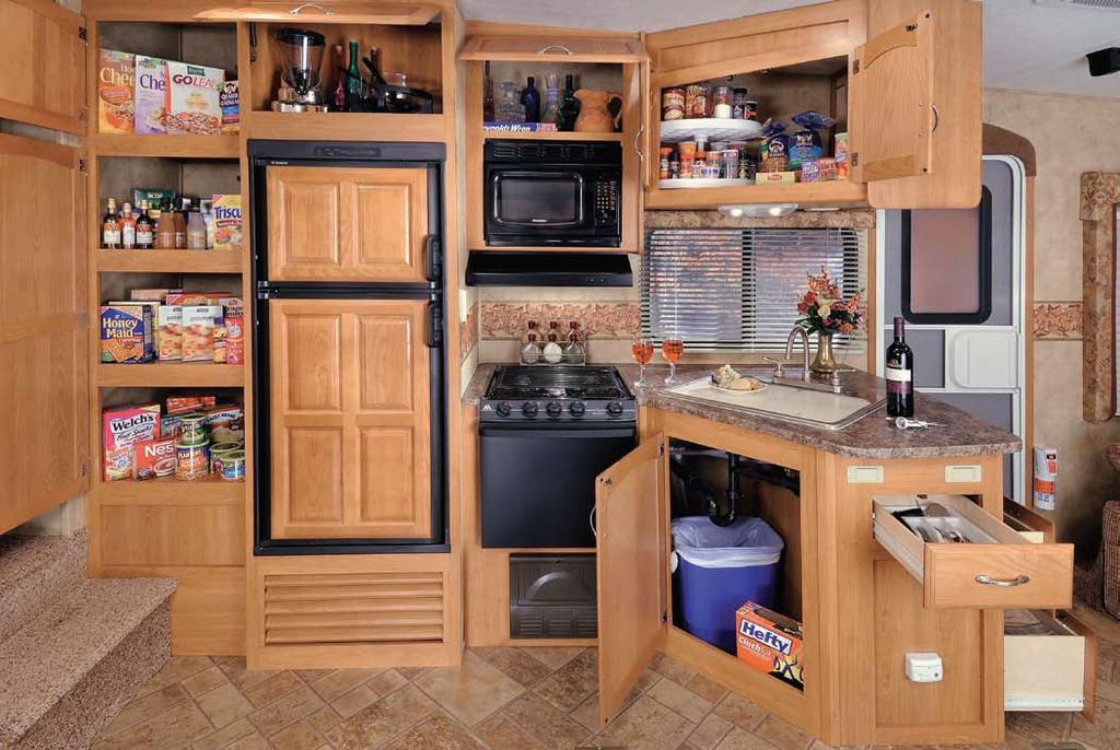 Dedicated Trash Can Storage - All Fifth Wheels 9. Rich Solid Wood Cabinets - Elegant and Durable 10.