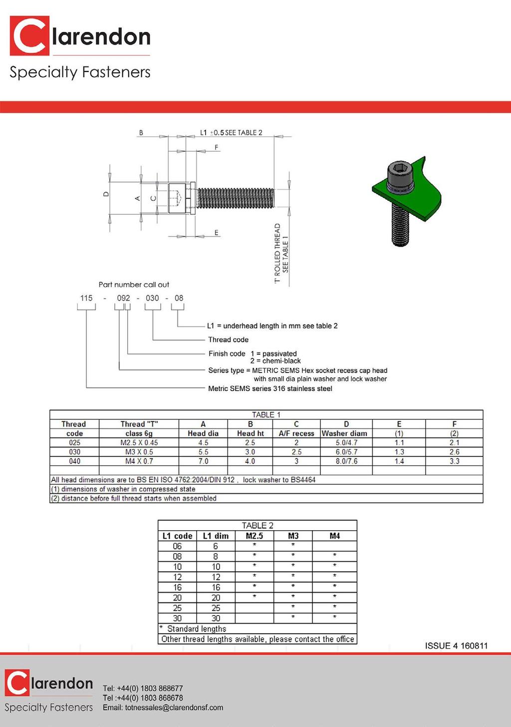 Metric Sems 115-09(X) Series Hex Socket Recess Cap