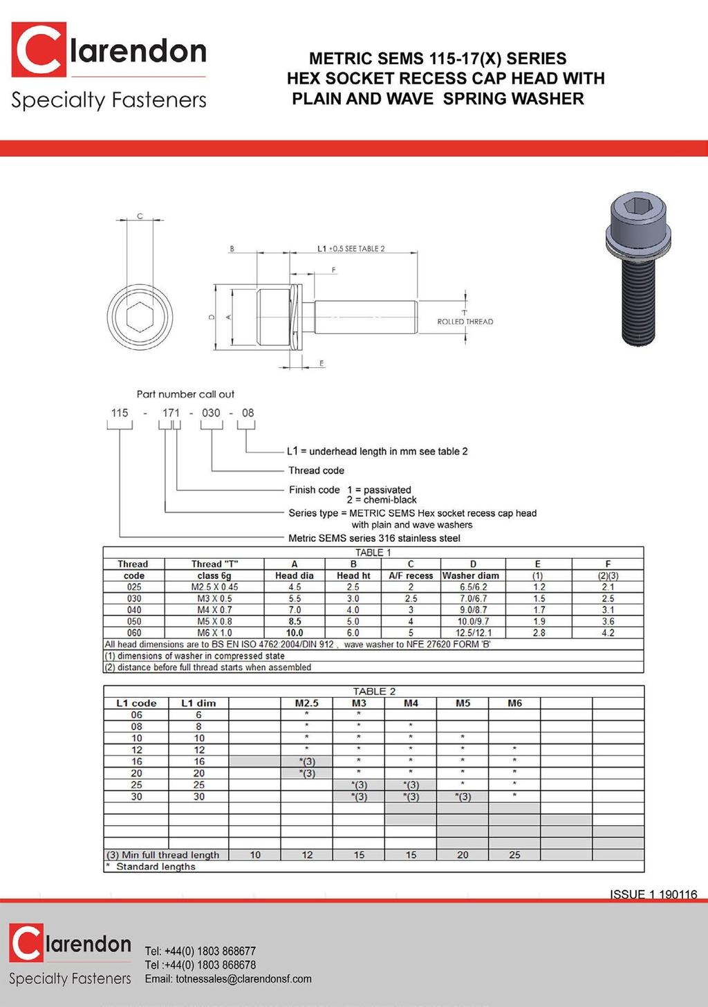 Metric Sems 115-17(X) Series Hex Socket Recess