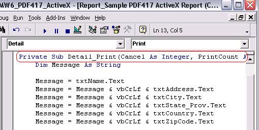 (Cancel As Integer, PrintCount As Integer)" to create PDF417 barcodes dynamically.