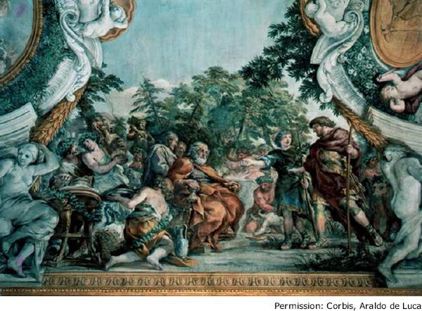This oil painting by Italian artist Pietro da Cortona (1596 1669) is entitled Aeneas with King Evander and Pallas. War broke out.