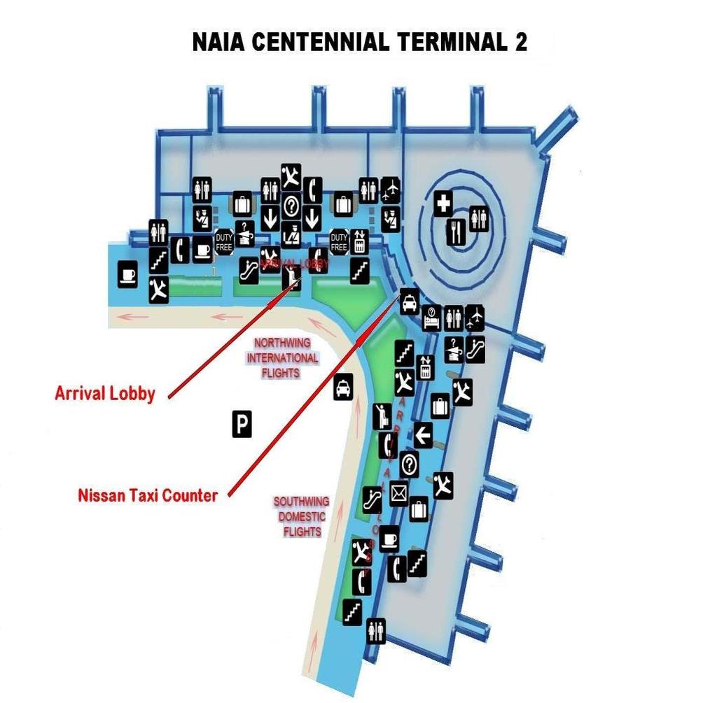 MAP TO NISSAN TAXI RENTAL - NAIA TERMINAL 2 Arrival and pick-up instructions for passengers arriving at NAIA TERMINAL 2 After