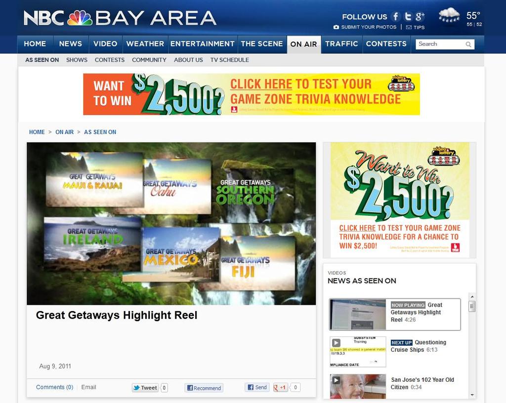 California Bay Area Destination Central Oregon 30-minute, multi-season, travel program broadcast twice in November 2012 and May 2013 on NBC in the Bay Area.