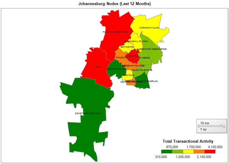 2.1.2 City of Johannesburg The transactional activity (R Million) is as follows: Node 2012 2013 2014 June 2014 JOHANNESBURG - FOURWAYS/NORTHGATE 769 5.0% 1,423 7.1% 3,027 18.1% 176 8.