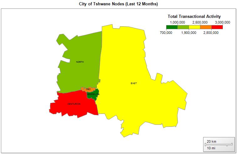 2.1.3 City of Tshwane The transactional activity (R Million) is as follows: Node 2012 2013 2014 June 2014 PRETORIA - EAST 3,709 45.4% 2,127 16.4% 1,293 38.4% 259 60.7% PRETORIA - CENTURION 2,212 27.