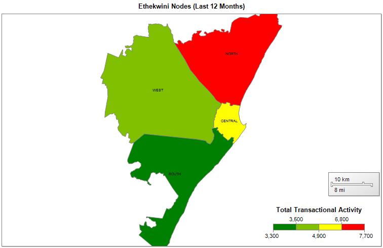 2.1.5 Ethekwini Municipality The transactional activity (R Million) is as follows: Node 2012 2013 2014 June 2014 DURBAN - NORTH 2,463 30.0% 3,602 40.0% 1,549 45.7% 36 10.8% DURBAN - CENTRAL 2,382 29.