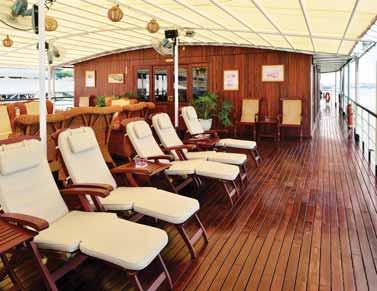 Featuring handcrafted teak and brass, this smaller ship accommodates just 56 guests, yet