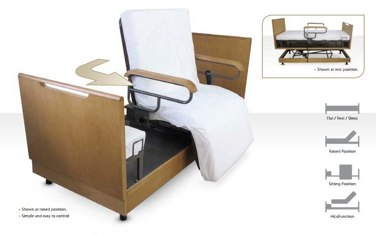 The main bed mechanism rotates 90 degrees and travels from the bed position to an upright chair position allowing you to move easily out of bed.