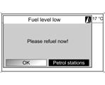 42 Навигација Предупредување за ниско ниво на горивото Кога нивото на горивото во резервоарот на возилото е ниско, се прикажува предупредувачка порака.
